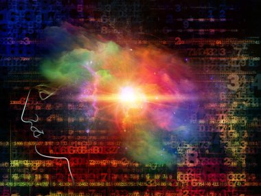 Sayılar, yüz hatları ve ışık kompozisyonu dijital devrim ve insan faktörü hakkında