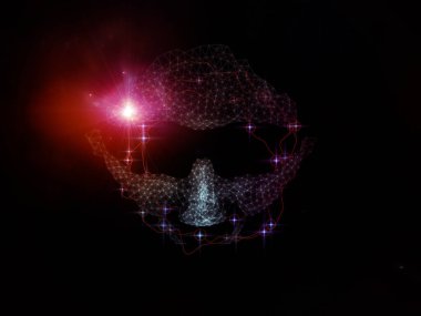 Sanal Zihin serisi. Biçimlendirilmiş insan kafası ve soyut dijital elementlerin aşırı bilgi yüklemesi, yapay zeka ve modern teknoloji üzerine üç boyutlu yorumlanması.