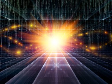 Matematik, geometri, bilim, eğitim ve iletişim teknolojisi konularında matris numaralarının üst üste bindirildiği fraktal şebekeler ve ışıklar kullanılarak sanal uzayın 3D çizimi.