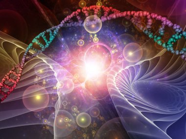 DNA peyzaj serisi. Eğitim, bilim ve modern teknoloji konularında soyut moleküler ve fraktal yapı bileşimi.