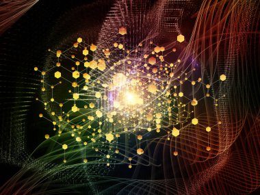 Soyut Ağ Sistemi. Bilim, eğitim ve modern teknoloji konularındaki parçacıklar, ışıklar ve soyut element bileşimi.