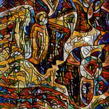 Hepimiz bu işin içindeyiz. İnsan siluetleri, insan durumunun şiirselliği üzerine soyut resim tarzıyla çizilmiştir..