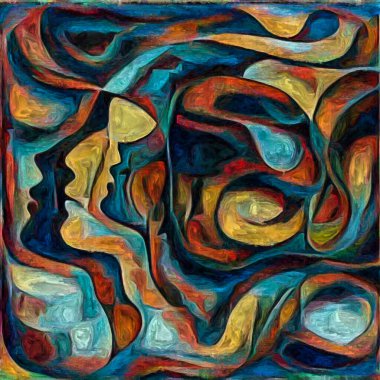 Hepimiz bu işin içindeyiz. İnsan siluetleri, insan durumunun şiirselliği üzerine soyut resim tarzıyla çizilmiştir..