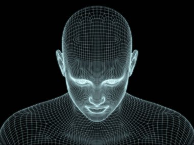 Teknoloji, eğitim ve bilgisayar bilimleri illüstrasyonlarında kullanılmak üzere insan kafasının ve yüzünün 3 boyutlu yapılandırılması
