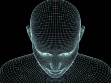 İnsan kafasının teknoloji, eğitim ve bilgisayar bilimleri illüstrasyonlarında kullanılmak üzere tel örgüde 3 boyutlu görüntülenmesi