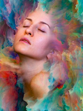 Dünya serisi. Duygular, duygular, iç dünya, yaratıcılık ve hayal gücü konularında bir metafor olarak kadın portresiyle birleştirilmiş bir tasarım.