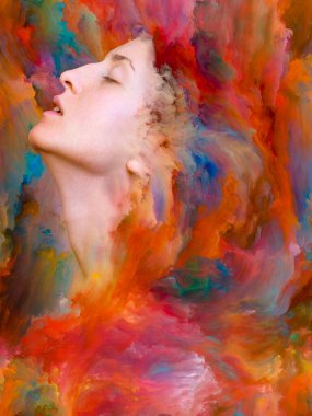 Dünya serisi. Duygular, duygular, iç dünya, yaratıcılık ve hayal gücü konularında bir metafor olarak kadın portresinin canlı resimlerle kaynaşmış yaratıcı düzenlemesi.