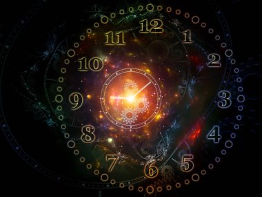 Sanal saatler. Time serisinin yüzleri. Bilim, eğitim ve modern teknolojiler üzerine projeler için arkaplan görevi görecek saat tuşlarından ve soyut elementlerden oluşan tasarım