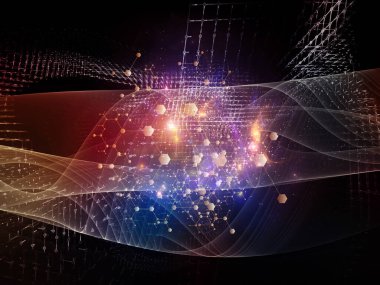 Soyut Ağ Sistemi. Bilim, eğitim ve modern teknoloji konularındaki parçacıklar, ışıklar ve soyut element bileşimi.