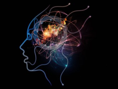 İnsan Teknolojisi serisi. Yüz hatları, ışıklar ve dijital elementler üç boyutlu olarak modern bilim, teknoloji ve eğitim konularında sunuluyor.