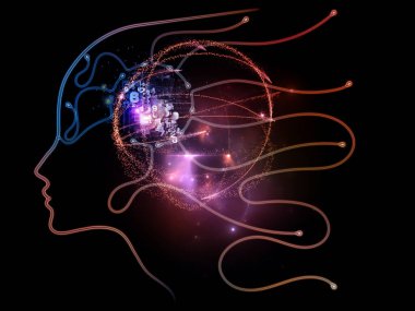 İnsan Teknolojisi serisi. Yüz hatları, ışıklar ve dijital elementler üç boyutlu olarak modern bilim, teknoloji ve eğitim konularında sunuluyor.