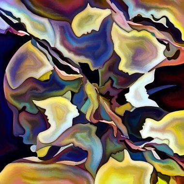 Parçalanmış Self serisi. İnsan yüzü ana hatları ve insan ilişkileri, zihin, psikoloji, iç dünya, yaratıcılık, zihinsel hastalık ve sanat konularındaki soyut şablon kompozisyonu.