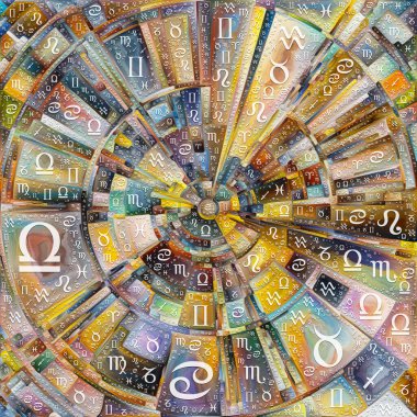Astroloji serisinin yörüngeleri. Diskin soyut renkli resimleri, ışınlar ve ışıldayan renk kemerleri ve ruhsal enerji ve yaşam gücünün kaynağını temsil eden Zodiac sembolleri..