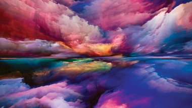 Rüyalar Diyarı. Zihin serisinin peyzajları. Yaşam, sanat, şiir, yaratıcılık ve hayal gücü teması üzerine parlak boya, hareket eğimleri ve sürrealite dağları ve bulutların düzenlenmesi