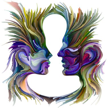 Duygusal Palet serisi. Aramızda mesafe var. Hayal gücü, yaratıcılık ve iç dünya konularında kadın ve erkek siluetlerinin canlı renklerinin soyut tablosu.