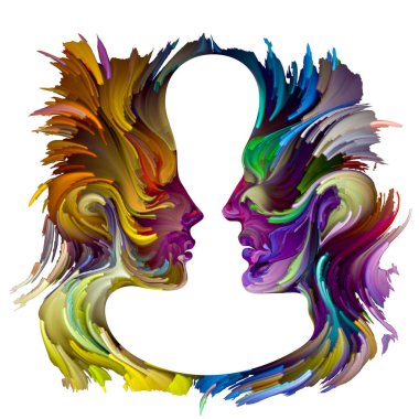 Duygusal Palet serisi. Aramızda mesafe var. Hayal gücü, yaratıcılık ve iç dünya konularında kadın ve erkek siluetlerinin canlı renklerinin soyut tablosu.