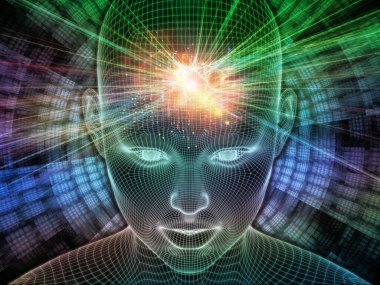 Parlak Düşünce. Bilinçli Zihin serisi. Parlayan kabloyu üç boyutlu şekilde birleştirmek insan yüzünü yapay zeka, insan bilinci ve ruhani yapay zeka temasına bağlar.