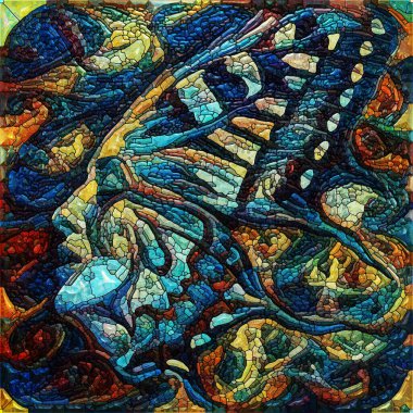 Wings of Dream serisi. Kadın yüzü elementleri ve kelebek kanatları ruhani gerçeklik, insan draması ve sanatsal tasarım konularında renklendirilmiş ve sıralanmış cam desenler..
