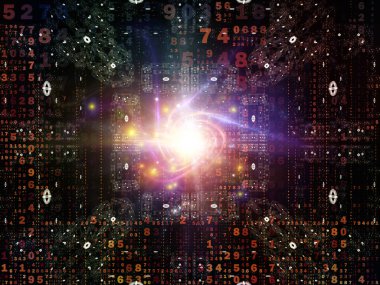 Dijital Yapı Serisi. Dijital teknoloji ve iletişim konularında ışık patlaması, sayılar ve fraktal elementler