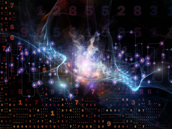 3D illustration of numbers, fractal membranes and lights composition on subject of digital technology and communications