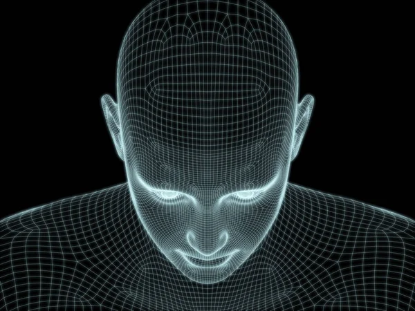 3D技術 コンピュータサイエンスのイラストで使用するためのワイヤメッシュで人間の頭と顔のレンダリング — ストック写真