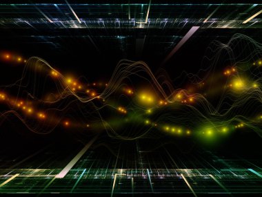 Sanal gerçeklik. Sanal Dalga serisi. Veri transferi ile ilişkili yatay sinüs dalgaları ve ışık parçacıklarının bileşimi, sanal, yapay, matematiksel gerçeklik.