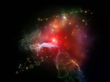 Uzay serilerinin desenleri. Bilim, teknoloji ve eğitim projelerinde kullanılmak üzere ışıklar, fraktal nebula ve dairelerin etkileşimi.