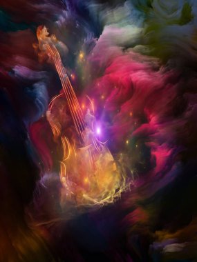 Müzik, sanat ve yaratıcılık konularında renkli keman ve fraktal boya soyutlaması. 3B Görüntü.