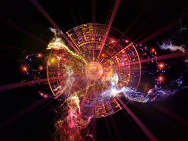 Tam teçhizat. Fraktal geometri, ışıklar ve eğitim bilimi ve modern teknolojiler konularındaki soyut unsurların etkileşimi. 3B görüntüleme.