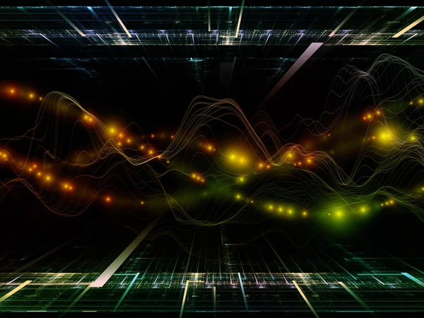 仮想現実 仮想波シリーズ データ転送 数学的現実に関連して水平正弦波と光粒子の構成 — ストック写真