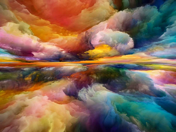 レインボーランド 心の風景 シリーズ 創造性と想像力の主題のための明るい塗料 運動勾配とシュールな山と雲の配置 — ストック写真
