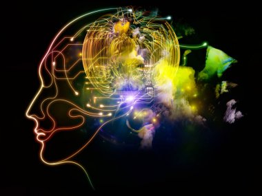 Sanal Zihin serisi. Biçimlendirilmiş insan kafası ve soyut dijital elementlerin aşırı bilgi yüklemesi, yapay zeka ve modern teknoloji üzerine üç boyutlu yorumlanması.