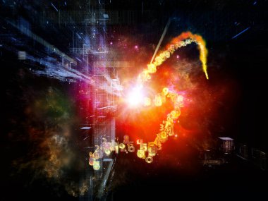 Dijital Akış serisi. Bilgi teknolojisi, bilim ve eğitim konularında, karanlık uzayda yapıların, ışıkların ve sayı izlerinin 3D görüntülenmesi