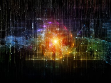 Bilgisayar ağı, sanal gerçeklik, internet ve modern teknolojiler üzerinde proje için sayılar, ağ sembolleri, ışıklar ve fraktal elemanların arka plan