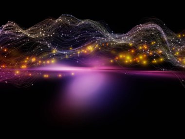 Sanal gerçeklik. Sanal Dalga serisi. Veri transferi, sanal, yapay, matematiksel gerçeklik tasarımlarını tamamlamak için yatay sinüs dalgaları ve ışık parçacıklarının arkaplanı.