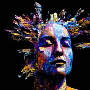 Etkileyici bir kadın portresi. Hayattaki ve sanattaki yaratıcı enerji için dijital boya darbelerinden oluşan soyut tasarım