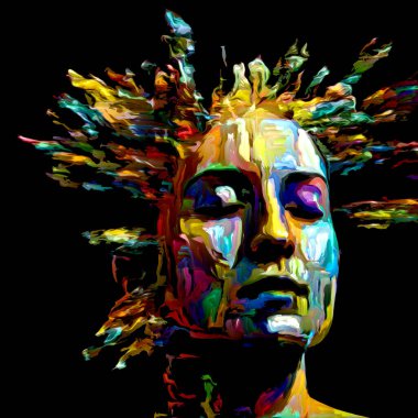 Etkileyici bir kadın portresi. Dijital boya darbelerinden oluşan tasarım, hayattaki ve sanattaki yaratıcı enerjinin bir metaforu.