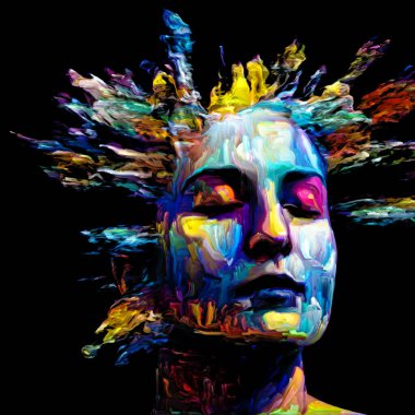 Etkileyici bir kadın portresi. Hayattaki ve sanattaki yaratıcı enerji projelerinde kullanılmak üzere dijital boya darbelerinin arkaplanı