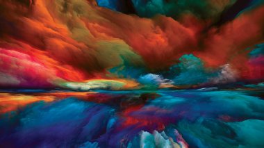 Gökkuşağı Aydınlanması. Gerçekliğe Kaçış dizisi. Arazi resmi, hayal gücü, yaratıcılık ve sanat projeleri için gerçeküstü gün batımı renkleri ve dokularının yaratıcı düzenlenmesi