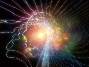 Hafıza Yörüngeleri serisi. İnsan yüzü, çizgiler, soyut elementler, ışık bileşimi, bilinç ve insan zihni üzerine..