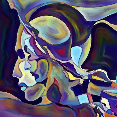 Parçalanmış Self serisi. İnsan yüz hatları ve insan ilişkileri, zihin, psikoloji, iç dünya, yaratıcılık, zihinsel hastalık ve sanat konularındaki organik renk kalıpları.