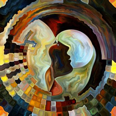 Empati Gezegeni serisi. Kadın ve çocuk profilleri göz yaşlarıyla birleşti ve paylaşılan duyguların dünyasını sembolize eden renk ve akış geometrisiyle çerçevelendi..