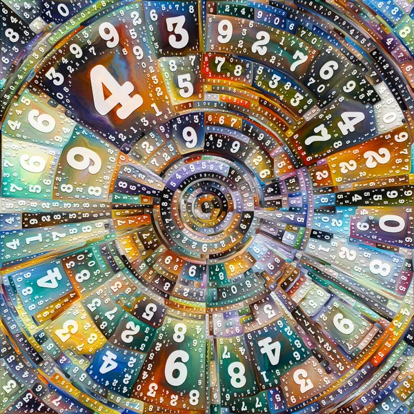 Paint by Numbers series. Abstract colorful painting of disk, rays and arches of radiating color and number symbols to represent source of platonic energy and power behind life.