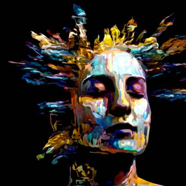 Etkileyici bir kadın portresi. Hayattaki ve sanattaki yaratıcı enerji için dijital boya darbelerinden oluşan soyut tasarım