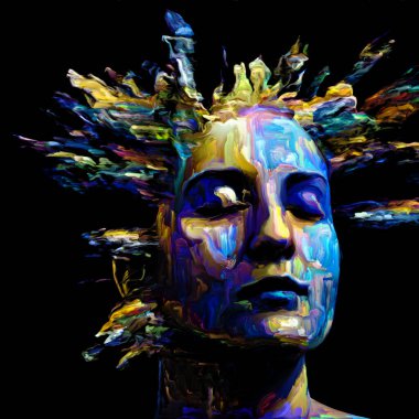 Etkileyici bir kadın portresi. Dijital boya darbelerinin bileşimi hayattaki yaratıcı enerji ve sanatla ilişkili.