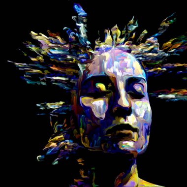 Etkileyici bir kadın portresi. Hayattaki ve sanattaki yaratıcı enerji projelerinde kullanılmak üzere dijital boya darbelerinin arkaplanı