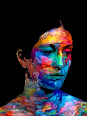 Etkileyici bir kadın portresi. Hayattaki ve sanattaki yaratıcı enerji teması üzerine dijital boya darbelerinden oluşan soyut bir arkaplan