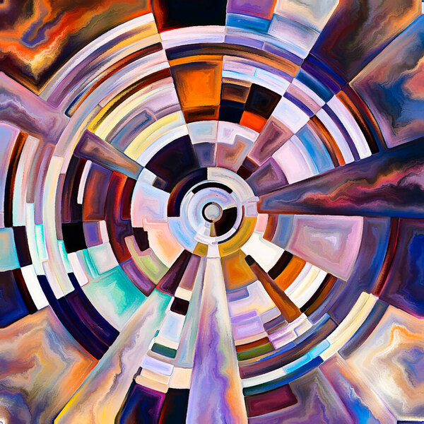 Prayer Circle series. Painting abstraction of disk, rays and arches of radiating color and organic texture to represent source of spiritual energy and power of life.