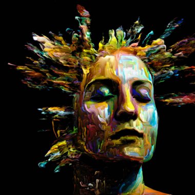 Etkileyici bir kadın portresi. Dijital boya darbelerinden oluşan tasarım, hayattaki ve sanattaki yaratıcı enerjinin bir metaforu.