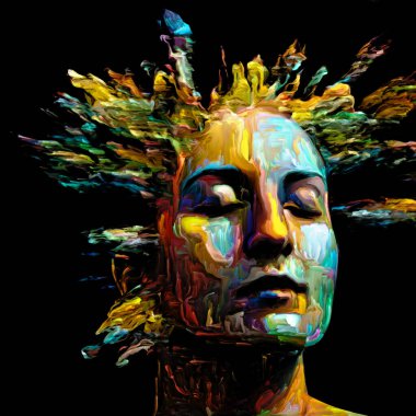 Etkileyici bir kadın portresi. Dijital boya darbelerinden oluşan tasarım, hayattaki ve sanattaki yaratıcı enerjinin bir metaforu.